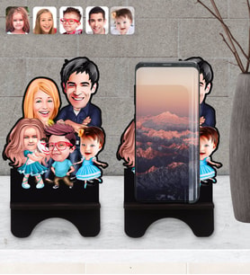 BK Gift Kişiye Özel Aile Karikatürlü Ahşap Biblo Telefon Standı-7