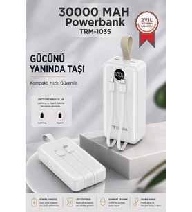 Torima Powerbank Dijital Göstergeli 2 Çıkışlı 30.000 Mah Taşınabilir Hızlı Şarj Aleti TRM1035 Beyaz