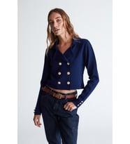 Styleboom X Peraluna KATHY BLAZER Çelik Örgü Crop Kruvaze Blazer Kadın Triko Ceket - Lacivert