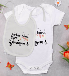 BK Kids Herkes Bana Ben Teyzeme Hastayım Tasarımlı Bebek Body Zıbın ve Mama Önlüğü Hediye Seti - Model 1