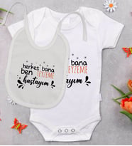 BK Kids Herkes Bana Ben Teyzeme Hastayım Tasarımlı Bebek Body Zıbın ve Mama Önlüğü Hediye Seti - Model 1