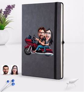 BK Gift Kişiye Özel Sevgililer Karikatürlü Siyah Termo Deri Defter 16x24cm Model 103