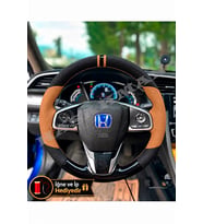 Honda Civic FK7 Dikme Direksiyon Kılıfı Delikli Deri Parlak Siyah Taba Detay Çift Yüzük ve Dikiş 2016-2021
