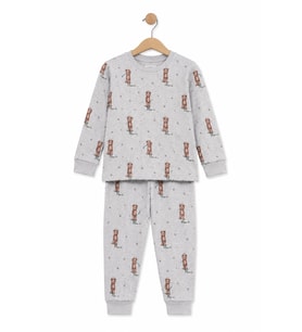 Monox Unisex Çocuk Mevsimlik Pamuk Golf-Ayıcık Çizgili Pijama Takımı
