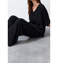 Tarz Kadın Modern Moda Normal Bel Boru Paça V Yaka V Yaka Dokuma Bluz-Pantolon Takım