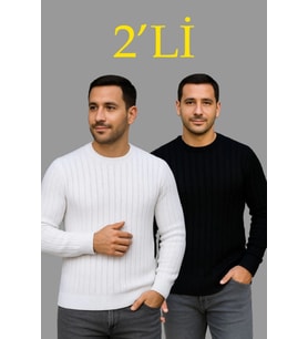 Erkek Fitilli Triko Kazak 2’li Set – Siyah - Beyaz, Kalın Dokuma Pamuklu Regular Fit Bisiklet Yaka Uzun Kollu Rahat Kışlık Kazak Kombini