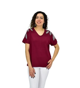 Kadın Yarım Kol V Yaka Taşlı Likralı Tişöt  BGL-ST04654 (Bordo)