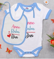BK Kids Anne Baba Tasarımlı Mavi Bebek Body Zıbın ve Mama Önlüğü Hediye Seti-1