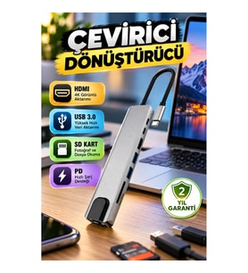 Type-C Çoklu Dönüştürücü Hub – HDMI, USB 3.0, SD Kart ve PD Hızlı Şarj