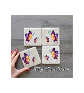 bilge tasarım Stone Decor Taş Bardak Altlığı 4'lü Set 10x10x1 Cm desenli