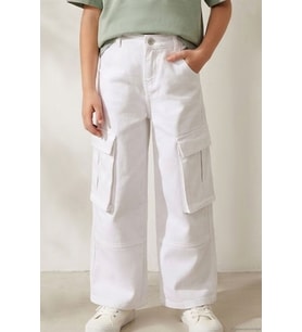 Escabel Kız Çocuk Gabardin Pantolon Kargo Cep Detaylı 5-9 Yaş, Beyaz