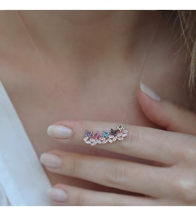 Renkli Zirkon Taşlı Baget Kelebek Modeli Rose Gold Kaplama Gümüş Kolye