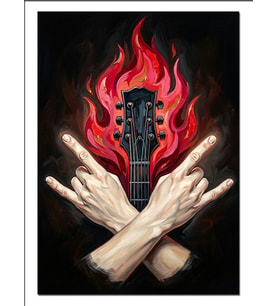 Yanan Gitar Ve Rock El Hareketi Dekoratif Kanvas - Mdf Ahşap Tablo