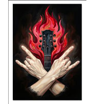 Yanan Gitar Ve Rock El Hareketi Dekoratif Kanvas - Mdf Ahşap Tablo