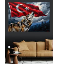 Kurt Ve Türk Bayrağı Karlı Dağ Dekoratif Kanvas - Mdf Ahşap Tablo