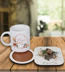 Kişiye Özel Tasarım Kupa Bardak Ve Fotoğraflı Ahşap Bardak Altlığı 99433 (Krem)