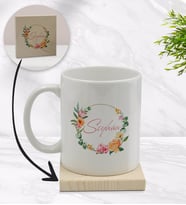 BK Gift Kişiye Özel Çiçek Tasarımlı Beyaz Kupa Bardak ve Ahşap Bardak Altlığı Hediye Seti - Model 10