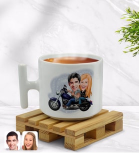 BK Gift Kişiye Özel Motorcu Sevgililer Karikatürlü T Kulplu Beyaz Middle Kupa Bardak-1