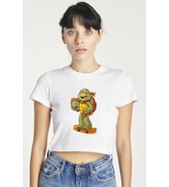 Ninja Kaplumbağa Baskılı Kadın Crop T-shirt (Beyaz)