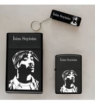 Tupac Desenli Kişiye Özel İsimli Çakmak,Metal Tabaka ve Anahtarlık Seti - 3'lü Hediye Set (Siyah)
