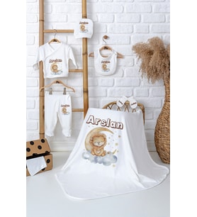 Pia Baby Premium İsme Özel %100 Pamuk Battaniyeli 5 Parça Zıbın Set Yenidoğan Erkek Bebek Hediyesi 5015-04 (Ekru)
