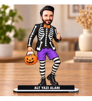 Kişiye Özel Halloween Balkabağı İskelet Kostümlü Karikatürlü 18 cm MDF Masaüstü Biblo - Masaüstü Hediye