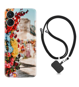 Tecno Spark 9T Kılıf Silikon Boyun Askılı İpli Desenli Silikon Gerçek Çiçekler 1743