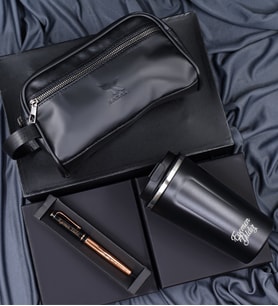 Kişiye Özel Rose Gold/Siyah Roller Kalem& Siyah Çelik Termos& Siyah Washbag Erkek El Çantası Hediye Seti