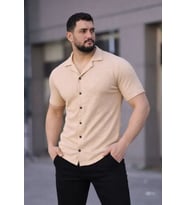Erkek Waffle Kumaş Kısa Kollu Düğmeli Açık Yaka Regular Fit Gömlek - Bej
