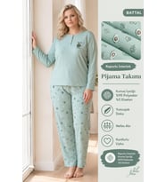 Lindros Kadın Düğme Yaka Raporlu İnterlok KIŞLIK Battal Pijama Takımı 02797 - 1 Adet