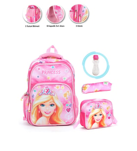 Soft Princess Barbie Okul Çantası + Beslenme + Kalemlik + Suluk Barbie Kız Çantası (Çok Renkli)