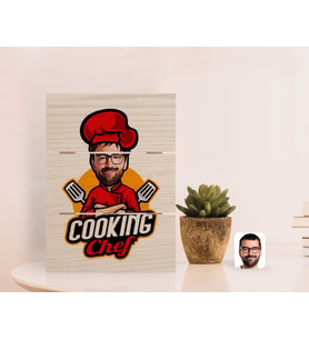 BK Gift Kişiye Özel Erkek Chef Karikatürlü Otantik Masaüstü Ahşap Palet Çerçeve-11 (Beyaz)
