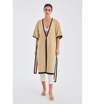 Peraluna SOHO Kısa Kollu %100 Pamuk Kadın Triko Kimono - Bej/Siyah