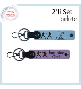 Mücadeleyle Güçlenenlere, Yumruk Simgeli, Kişisel Yazılı Deri Anahtarlık, Gök Mavi-Mor Menekşe