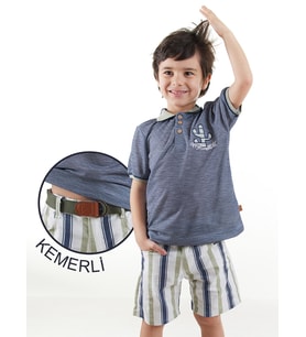 Erkek Çocuk 3'lü Takım Polo Yaka T-shirt Şort Kemer Takım (Lacivert)