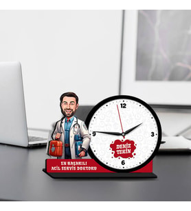 Erkek Acil Servis Doktoruna Hediye Karikatürlü MDF Masa Saati