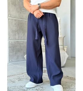 Ottoman kumaş FİTİLLİ Wide Leg Pantolon -SİYAH