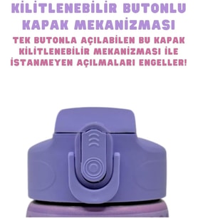 600ml Kuromi Temalı Lisanslı Pipetli Kilitlenebilir Kapak Paslanmaz Çelik Termos Matara (Mor)