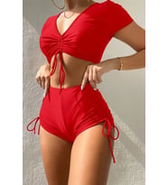 Angelsin Özel tasarım Yarım Kol Büzgü Detaylı Bikini Üstü (Kırmızı)