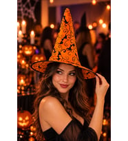 Halloween Turuncu Dev Yarasa Desenli Cadı Şapkası Siyah Motifli Cadılar Bayramı Kostüm Aksesuarı