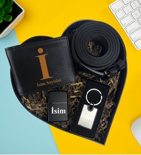 Kişiye Özel Premium Kalp Kutu Cüzdan Kemer Metal Lüx Anahtarlık Metal Çakmak Hediye Set