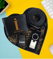 Kişiye Özel Premium Kalp Kutu Cüzdan Kemer Metal Lüx Anahtarlık Metal Çakmak Hediye Set