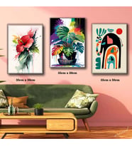 İLLÜSTRASYON fil ve yavruları renkli saksı çiçek tablosu 3 adet 35cmx50cm kumaş baskılı canvas tablo