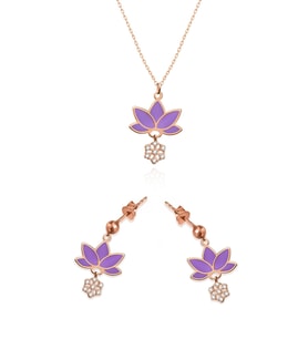 925 Ayar Gümüş Rose Kaplama Parlayan Rüya Serisi Tasarım Ebruli Mor Cam Boyalı Lotus Set
