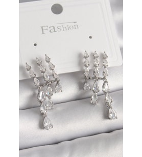 Pirinç Gümüş Renk Zirkon Taşlı Yağmur Model Kadın Küpe - TJ-BKP9936