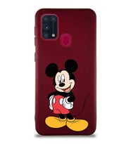 Samsung Galaxy M31 Soft Premier Kapak Mickey Mouse-E Tasarımlı Silikon Kılıf - Mürdüm (Şeffaf)