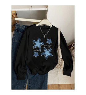 Unisex Yildizlar Baskılı Oversize Sıfır Yaka (Siyah)