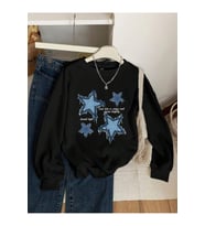 Unisex Yildizlar Baskılı Oversize Sıfır Yaka (Siyah)