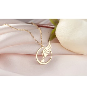 Tasarım Kanat Detaylı Müzik Notası Kolye 925K Gümüş Sevgiliye Hediye (Gold)