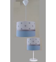 Beyaz Yıldızlı Mavi Kumaş Kaplama 2,li Set Çocuk Odası Genç Ve Bebek Odası Avize Ve Abajur Seti Aydınlatma (Bebe Mavisi)